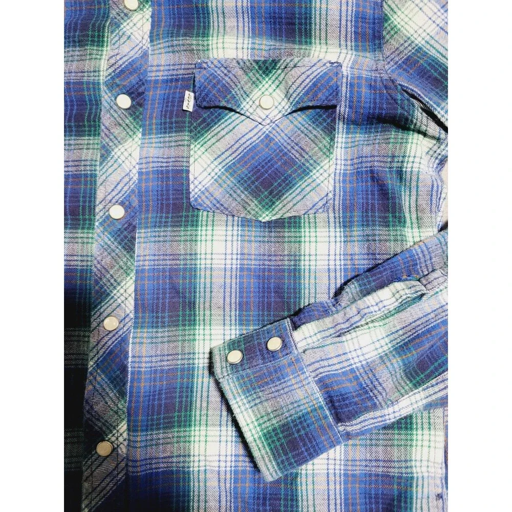 Levi's Western Pearl Snap Shirt Mens Medium Plaid Blue/Green Flannel Button Up